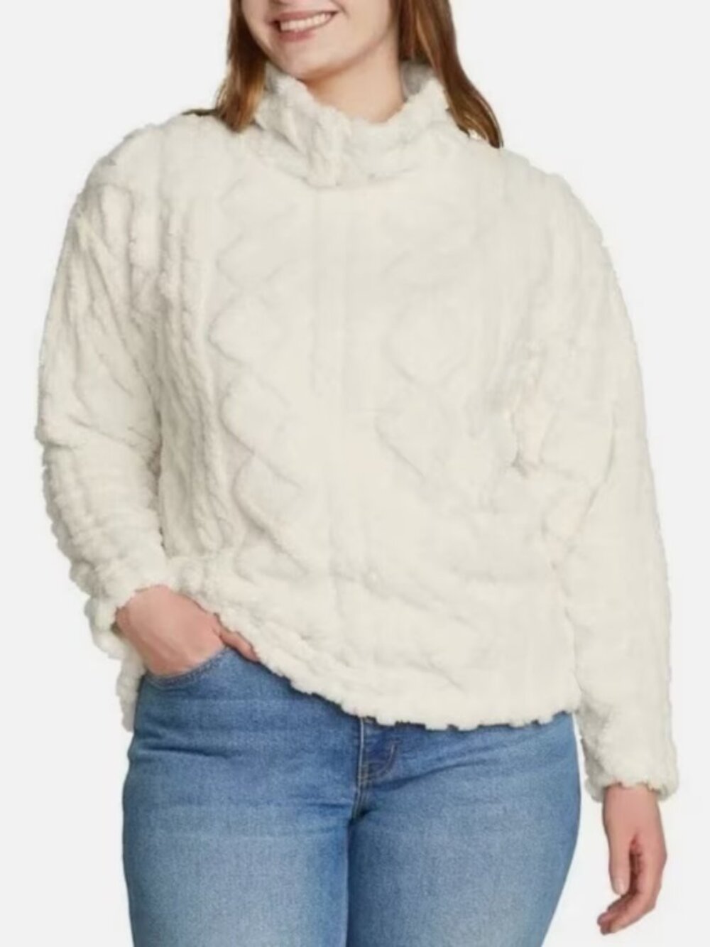 Eddie Bauer Women's Ivory Mock Neck Cable Fleece Pullover Cozy Sweater Size M